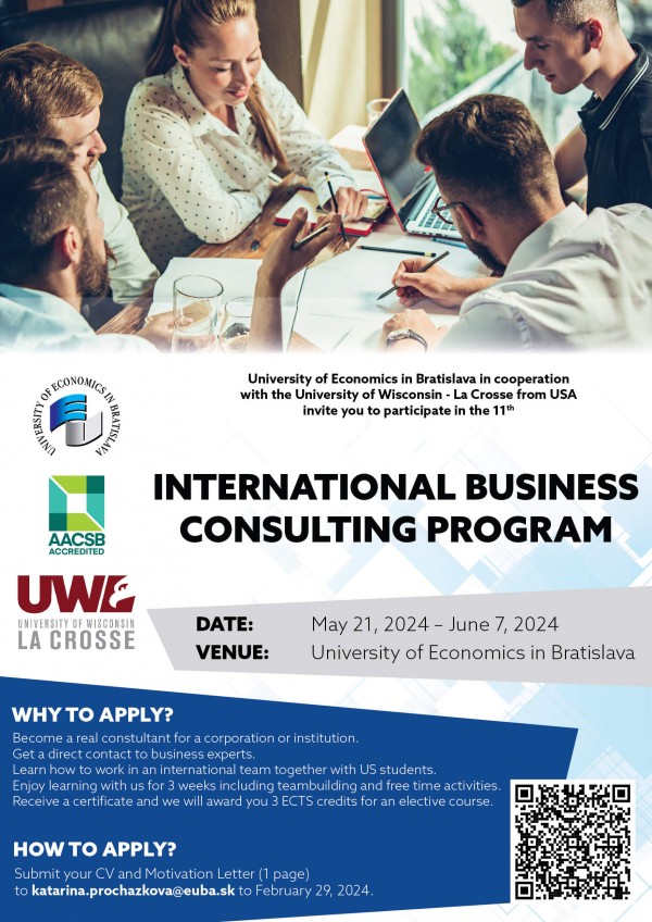 Letná škola International Business Consulting Program na EUBA 21.5. - 7.6.2024 - Predĺžený termín prihlasovania