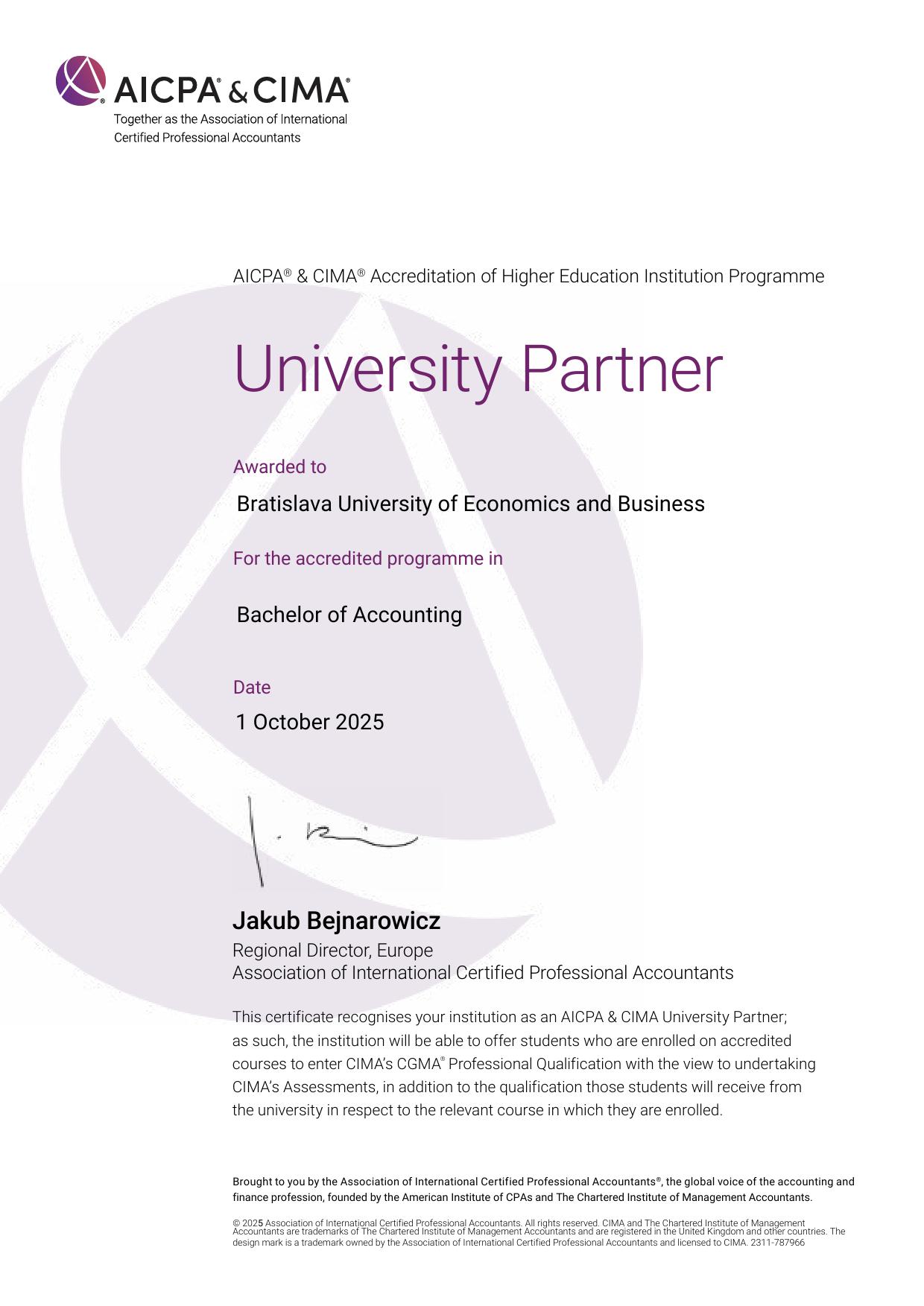 Akreditácia AICPA & CIMA pre študijný program účtovníctvo