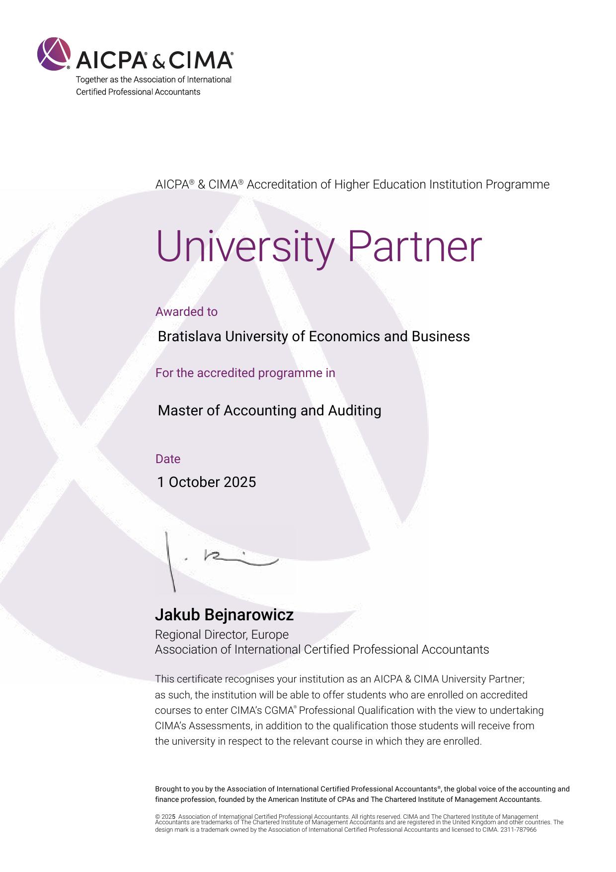 Akreditácia AICPA & CIMA pre študijný program účtovníctvo a audítorstvo