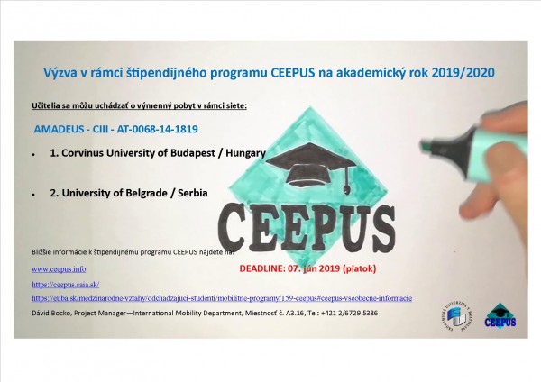 Výzva (učitelia) v rámci štipendijného programu CEEPUS na akademický rok 2019/2020