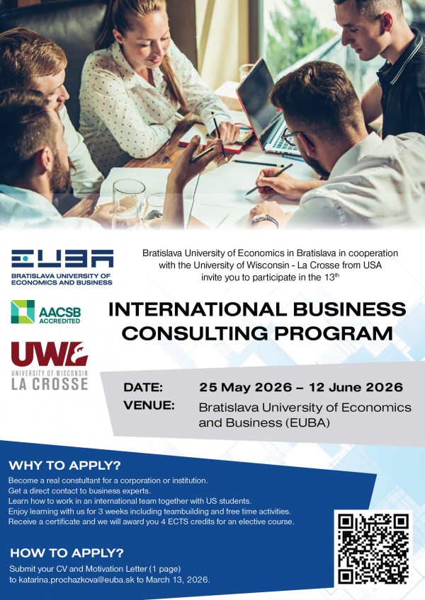 Letná škola International Business Consulting Program (IBCP) na EUBA 25.5.2026 - 12.6.2026 Letná škola International Business Consulting Program (IBCP) na EUBA 25.5.2026 - 12.6.2026