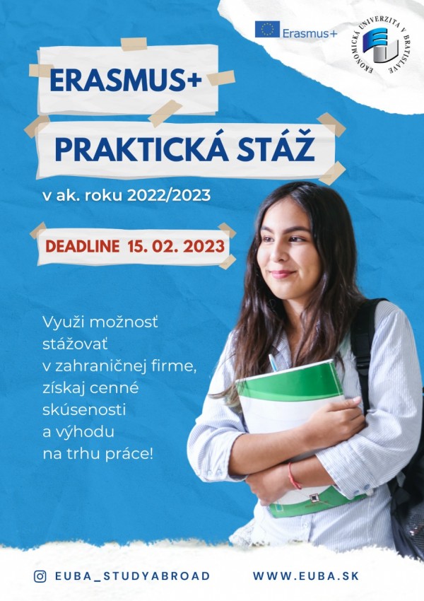 Výzva na Erasmus+ praktické stáže akad. rok 2022/2023- 2. kolo prihlasovania s možnosťou vycestovania do 30.06.2023