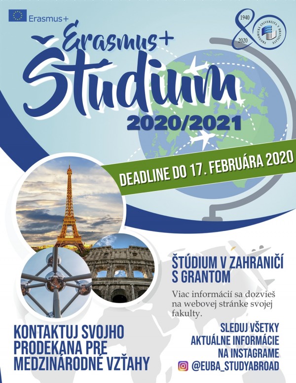 Výzva na Erasmus+ štúdium akademický rok 2020/2021