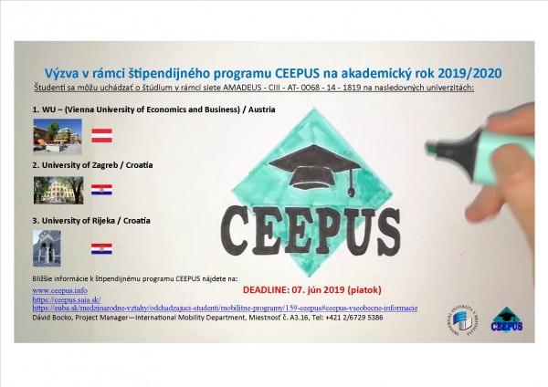 Call for applications in the framework CEEPUS (Central European Exchange Program for University Studies) on academic year 2019/2020