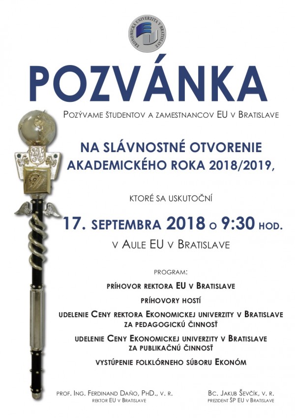 Pozvánka na slávnostné otvorenie akademického roka 2018/2019